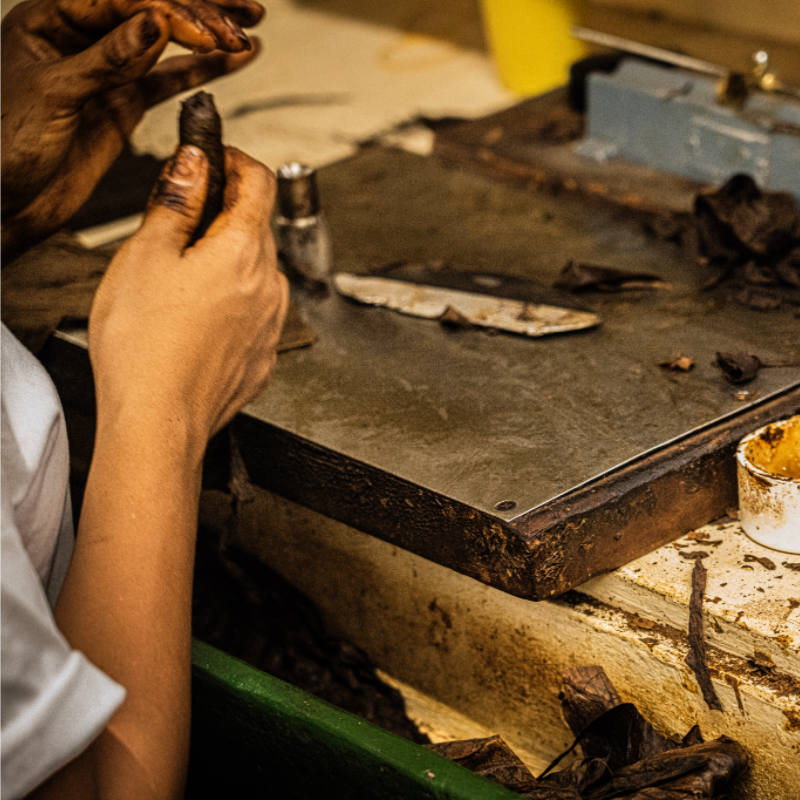 Cigar Rolling Table with Work-in-Progress - AMR's Handcrafted Production Close-Up 奥瑞山谷雪茄手工制作现场：卷制台与半成品雪茄特写